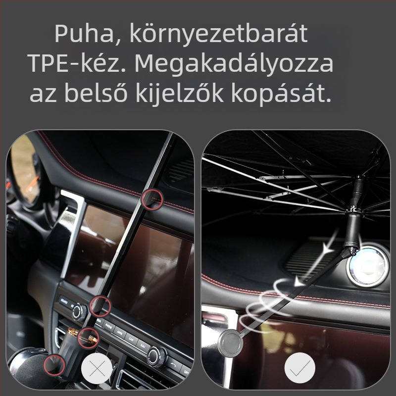 Ívelt rúdú autó belső első szélvédő árnyékoló, belső használatú, hőszigetelő és napvédő; Anyag: Titanium Silver Bumping Cloth; Telepítés módja: Card-in típus; Logó nyomtatás: Igen; Testreszabás: Igen; Alkalmazott részek: Elülső rész