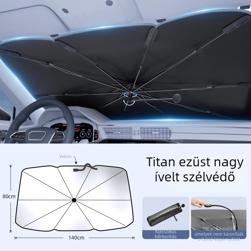 Ívelt rúdú autó belső első szélvédő árnyékoló, belső használatú, hőszigetelő és napvédő; Anyag: Titanium Silver Bumping Cloth; Telepítés módja: Card-in típus; Logó nyomtatás: Igen; Testreszabás: Igen; Alkalmazott részek: Elülső rész