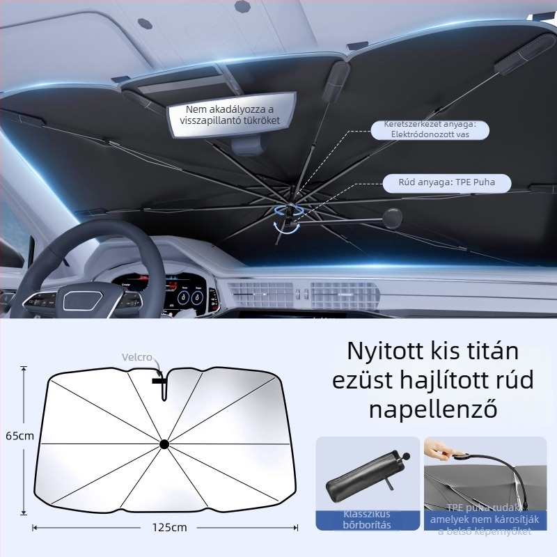 Ívelt rúdú autó belső első szélvédő árnyékoló, belső használatú, hőszigetelő és napvédő; Anyag: Titanium Silver Bumping Cloth; Telepítés módja: Card-in típus; Logó nyomtatás: Igen; Testreszabás: Igen; Alkalmazott részek: Elülső rész