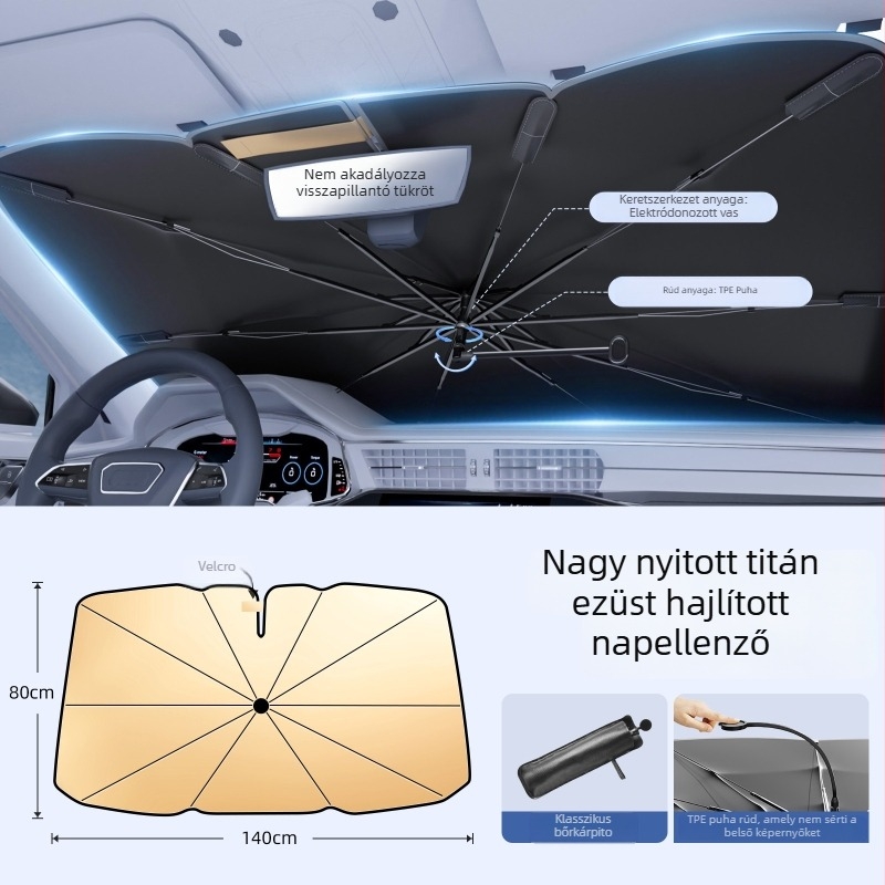 Ívelt rúdú autó belső első szélvédő árnyékoló, belső használatú, hőszigetelő és napvédő; Anyag: Titanium Silver Bumping Cloth; Telepítés módja: Card-in típus; Logó nyomtatás: Igen; Testreszabás: Igen; Alkalmazott részek: Elülső rész
