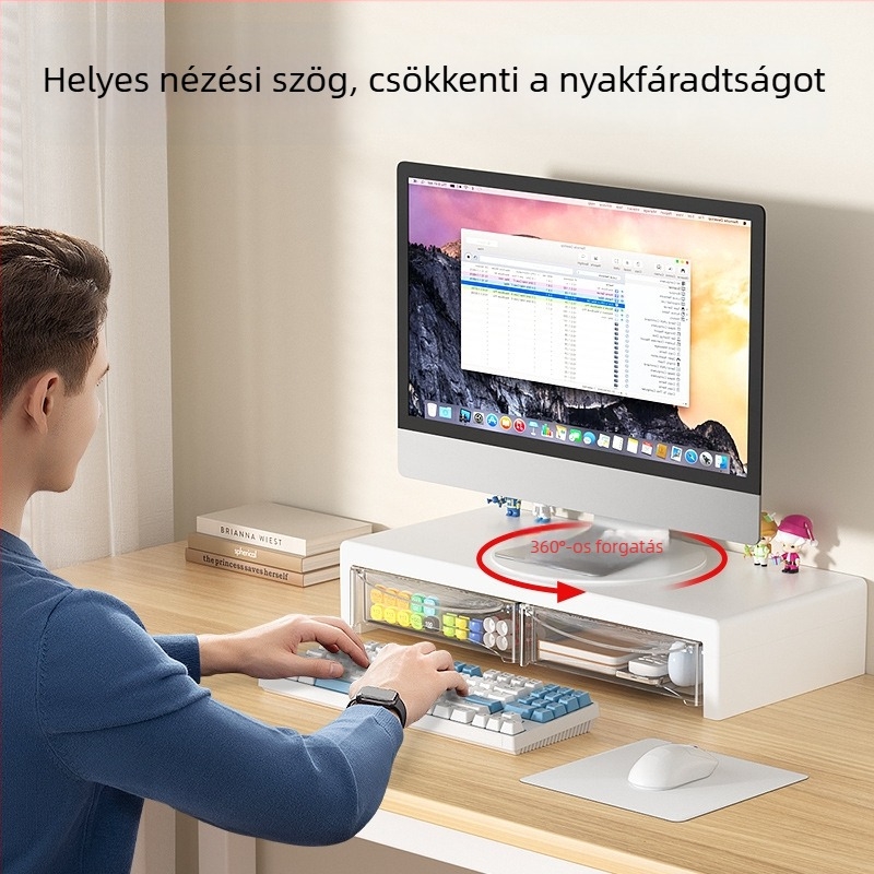 Monitoremelő állvány asztali billentyűzet rendezővel, kétszintű tálcás tartó, műanyag, modell 057