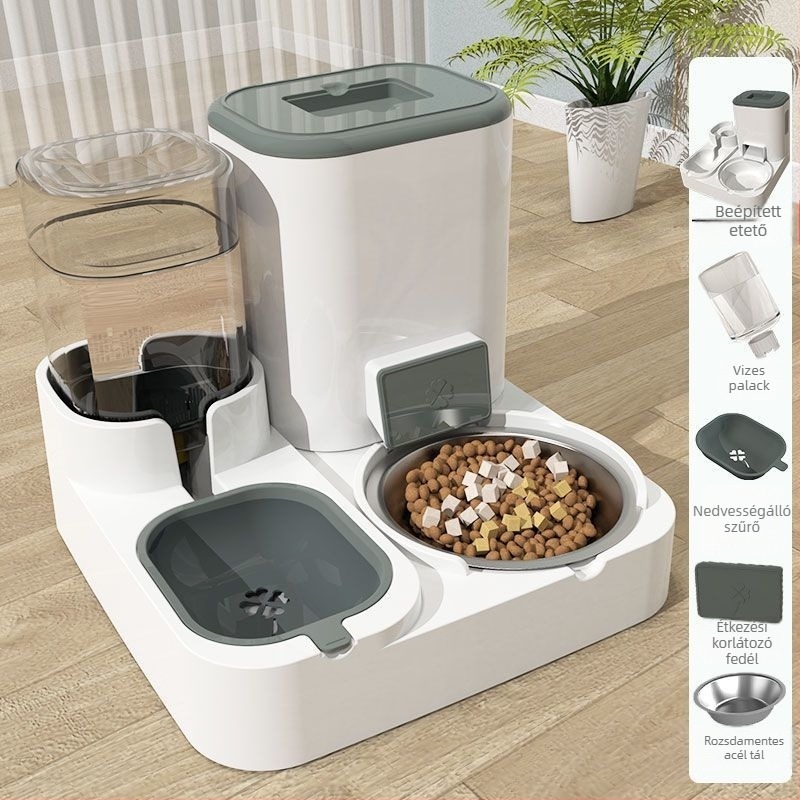 Automata etető vízadagolóval és integrált macska- és kutyáknak szóló tálval — Feszültség ≤36V — Teljesítmény 2000W+ — Túlmelegedés elleni védelem: Nincs