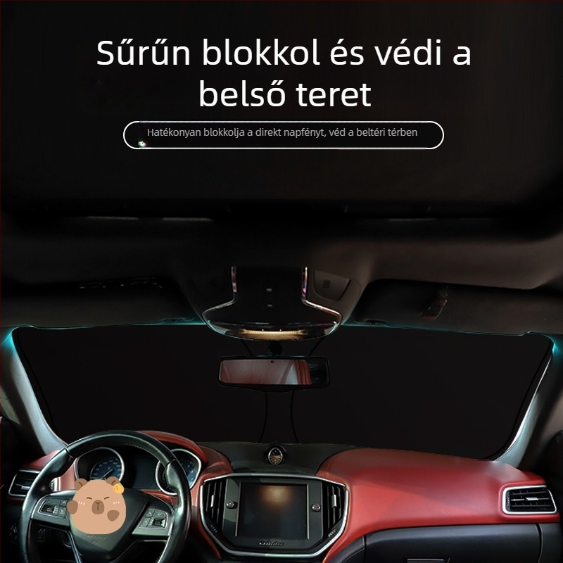 Autó napellenző dupla körös mintával és kapibara motívummal, Blue Rain márka, teleszkópos rögzítés, előlaphoz illeszkedik.