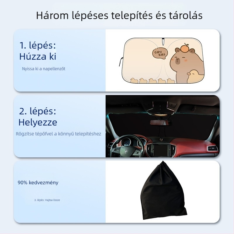 Autó napellenző dupla körös mintával és kapibara motívummal, Blue Rain márka, teleszkópos rögzítés, előlaphoz illeszkedik.