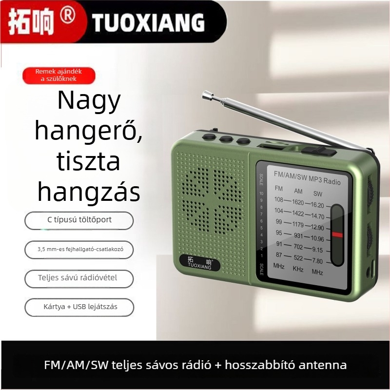 Tuoxiang T-6675 Teljes sávos rádió időseknek, hordozható kártyás rádió rövidhullámmal, mini töltés