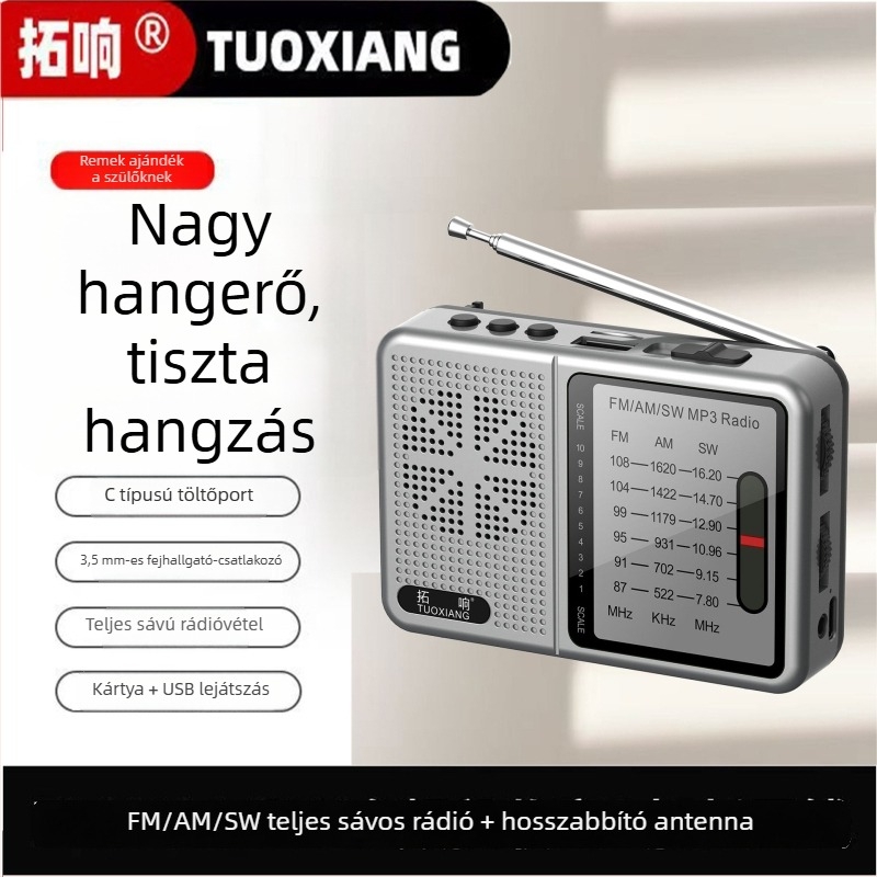 Tuoxiang T-6675 Teljes sávos rádió időseknek, hordozható kártyás rádió rövidhullámmal, mini töltés
