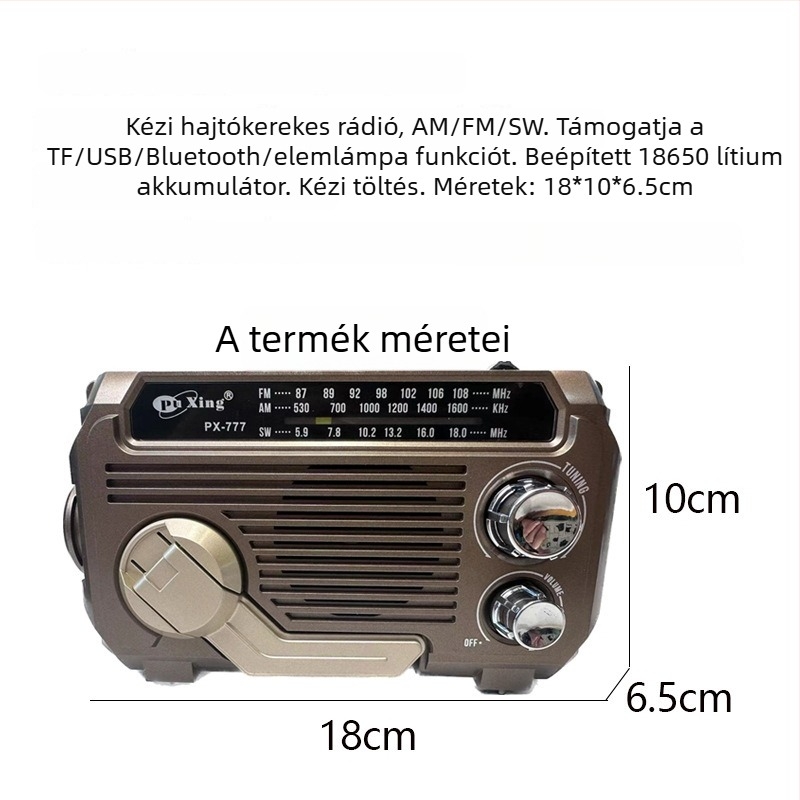 Kézzel hajtható, több sávos rádió Bluetooth 5.0, MP3 lejátszás kártyahellyel, beépített akkumulátor