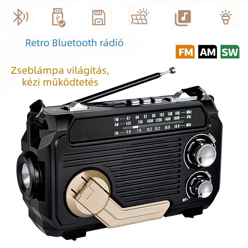 Kézzel hajtható, több sávos rádió Bluetooth 5.0, MP3 lejátszás kártyahellyel, beépített akkumulátor