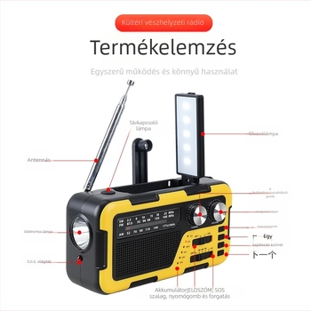 Kézihajtású rádió túléléshez SOS-sel, napelemes töltéssel és Bluetooth hangszóróval; beépített zseblámpa, MP3-támogatás és USB interfész; 2000 mAh akkumulátor