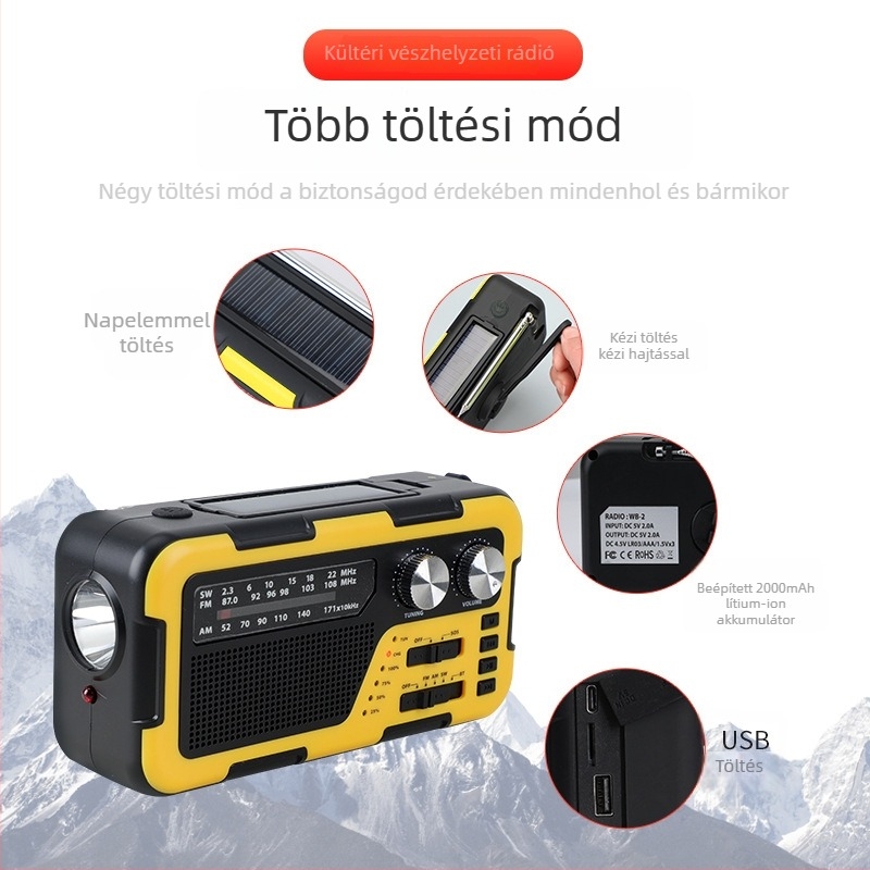 Kézihajtású rádió túléléshez SOS-sel, napelemes töltéssel és Bluetooth hangszóróval; beépített zseblámpa, MP3-támogatás és USB interfész; 2000 mAh akkumulátor