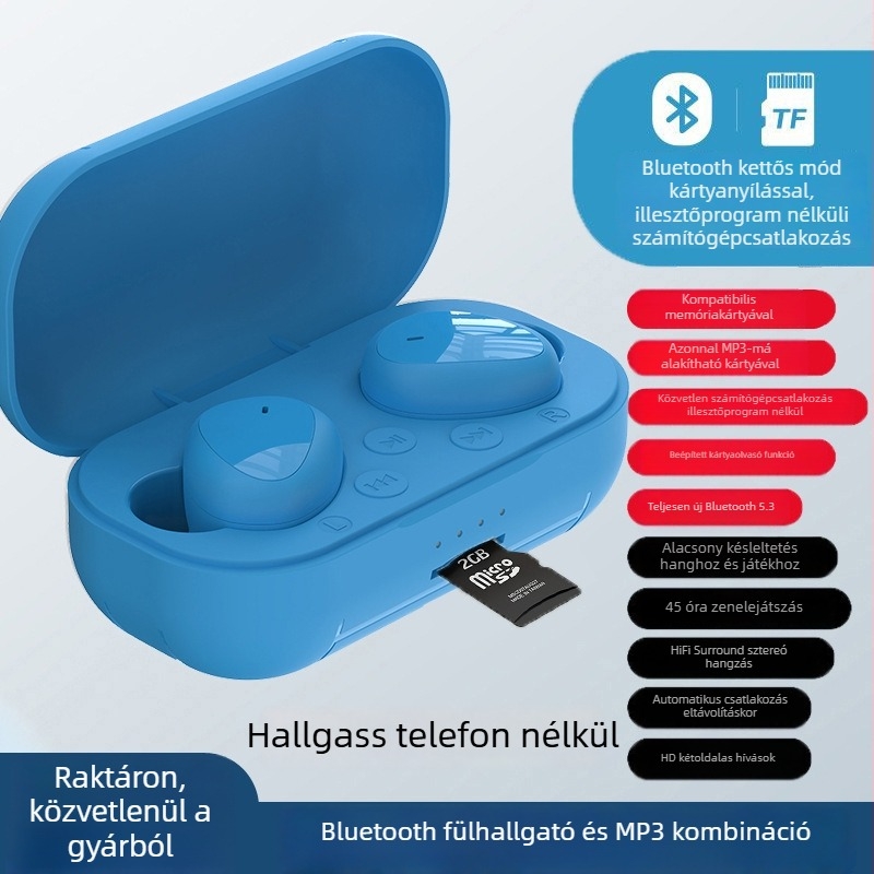 Bluetooth MP3 mindent-egyben fülhallgató kártyahellyel, in-ear, uniszex, új modell, egyedi
