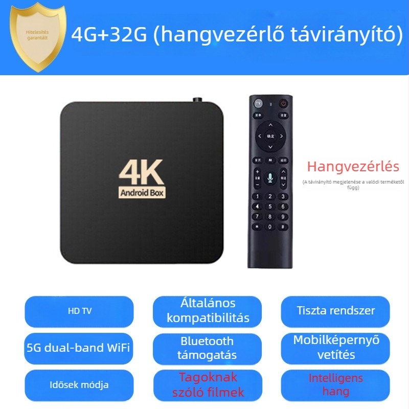 4K set-top box Wi-Fi-vel és Bluetooth távirányítóval, 4 GB RAM, 32 GB tárhely, 3840x2160 kimenet