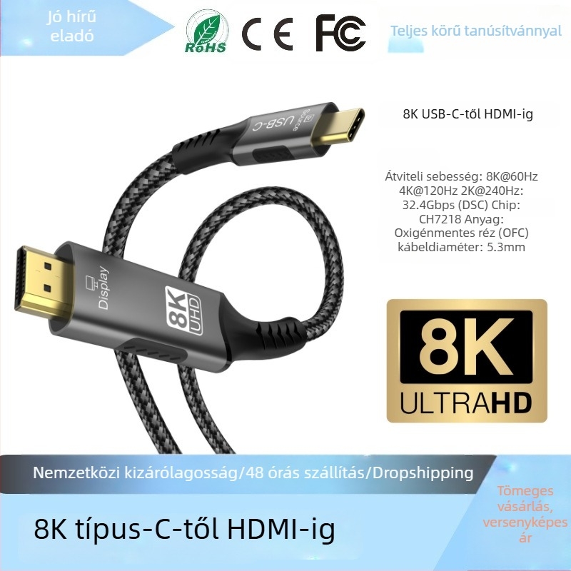 Type-C to HDMI átváltó kábel, egyirányú, 8K60Hz, 32Gbps, CH7218 chip, rézmag, 1–3 m hossz