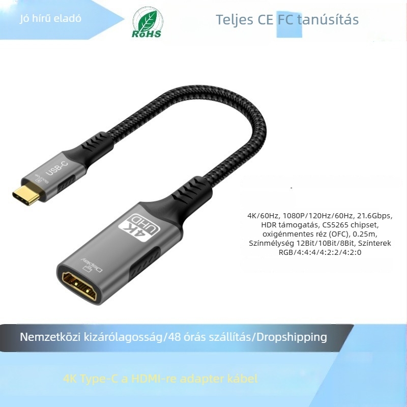 Type-C to HDMI átváltó kábel, egyirányú, 8K60Hz, 32Gbps, CH7218 chip, rézmag, 1–3 m hossz