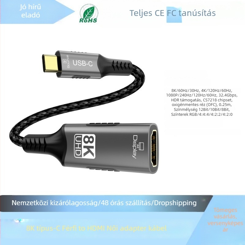 Type-C to HDMI átváltó kábel, egyirányú, 8K60Hz, 32Gbps, CH7218 chip, rézmag, 1–3 m hossz
