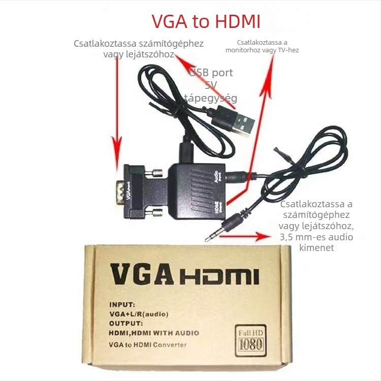 VGA–HDMI adapter, chip 9288 5621, 1080p, 1 bemenet, 2 kimenet, modell VGA-HDMI