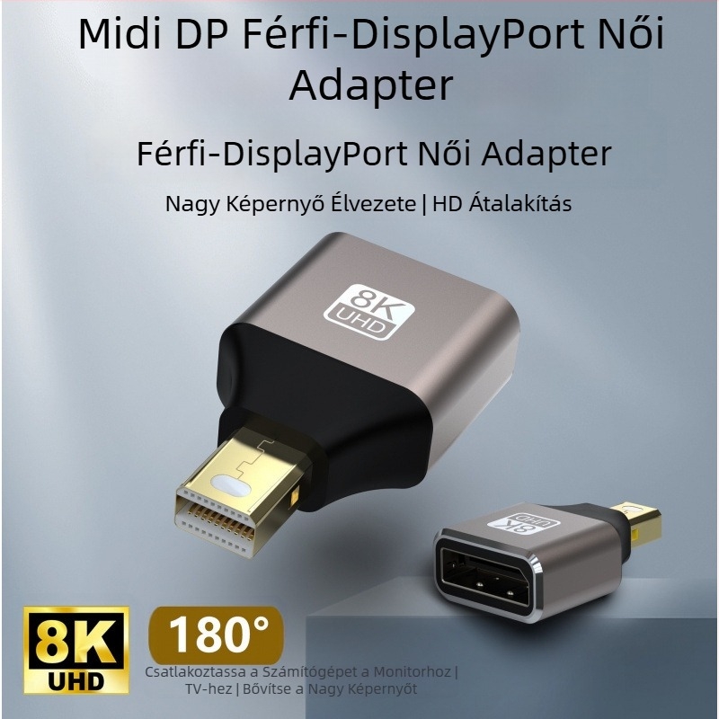 DP-átalakító adapter Mini DP-hez, monitorhoz és grafikus kártyához, DP interfész, egyfejű csatlakozó