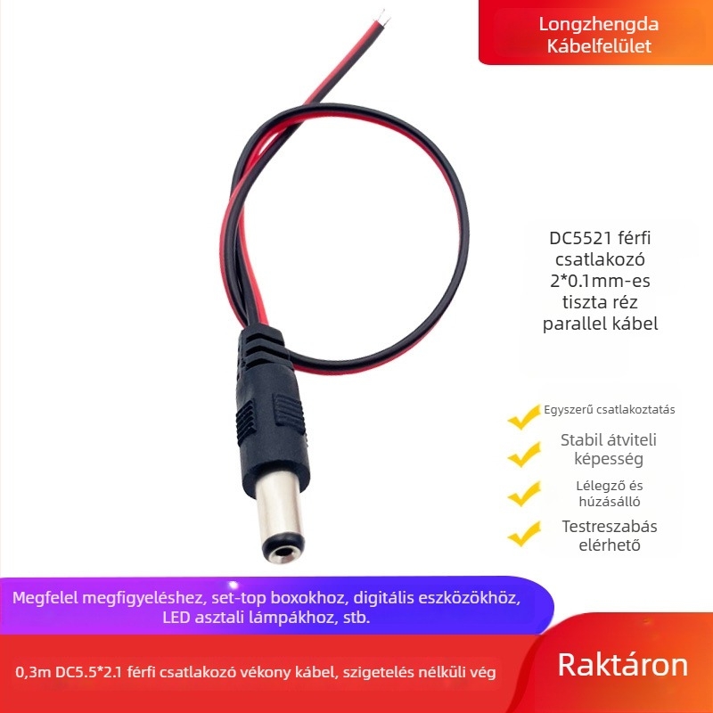 DC tápegység-kábel DC5521 csatlakozóval, női–férfi, monitor, set-top box, LED világítás, router