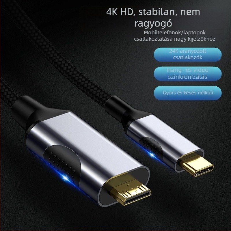 Type-C–tól Mini HDMI adapter kábel, HDMI interfész, LT8711GX chip, 10 Gbps adatátvitel, hossz 1–3 m, ónnal bevont rézvezeték