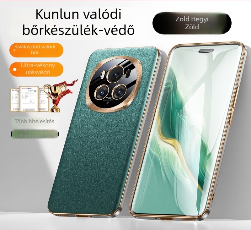 Honor Magic6 Pro telefonhoz készült tok – valódi bőr és fém kivitel, lencsevédő, teljes lefedés, ütésálló.