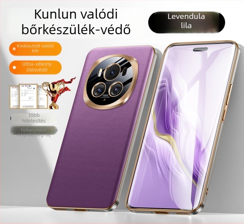 Honor Magic6 Pro telefonhoz készült tok – valódi bőr és fém kivitel, lencsevédő, teljes lefedés, ütésálló.