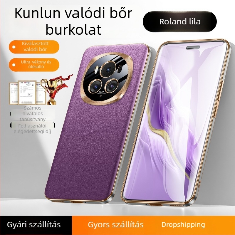 Honor Magic6 Pro telefonhoz készült tok – valódi bőr és fém kivitel, lencsevédő, teljes lefedés, ütésálló.