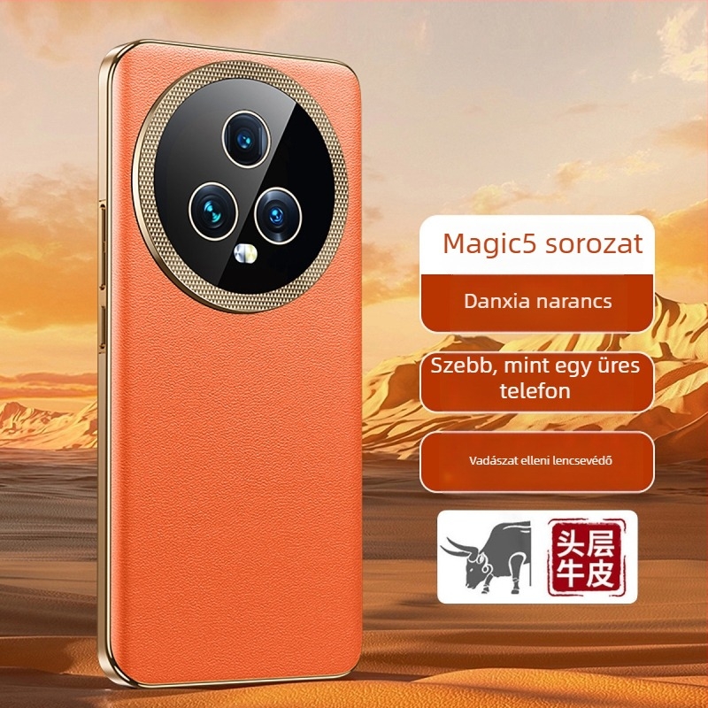 Honor Magic6 Pro telefonhoz készült tok – valódi bőr és fém kivitel, lencsevédő, teljes lefedés, ütésálló.