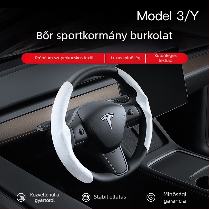 Tesla Model 3/Y/YL kormánykerék borítás, univerzális, minden évszakra, fehér velúr dekoratív kiegészítő
