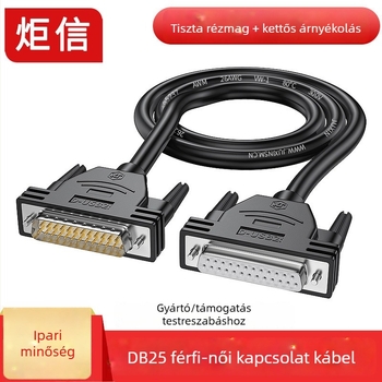 DB25 hosszabbító kábel, csatlakozók: férfi–férfi–női, 25 pin, réz vezető, dupla árnyékolás, ipari minőség, elérhető hosszok 0,5–15 m