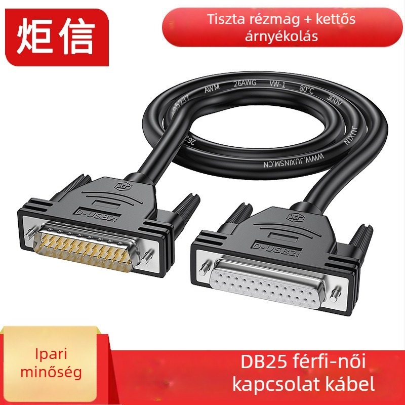 DB25 hosszabbító kábel, csatlakozók: férfi–férfi–női, 25 pin, réz vezető, dupla árnyékolás, ipari minőség, elérhető hosszok 0,5–15 m