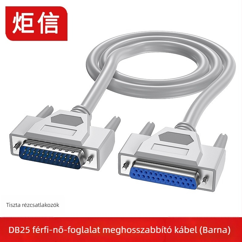 DB25 hosszabbító kábel, csatlakozók: férfi–férfi–női, 25 pin, réz vezető, dupla árnyékolás, ipari minőség, elérhető hosszok 0,5–15 m