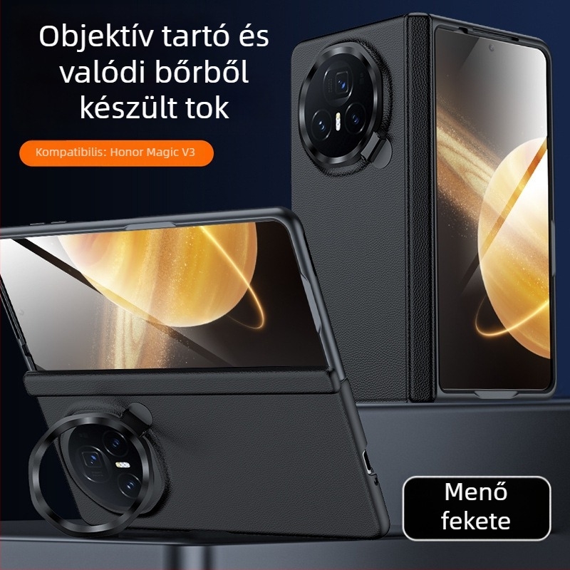Honor MagicV3‑hoz készült bőr védőtok integrált központi tengellyel és teljes lefedéssel, zsanéros lencsetartó – VS3; valódi bőr; hőpréselés; hőelvezetés; kopás- és leesésállóság