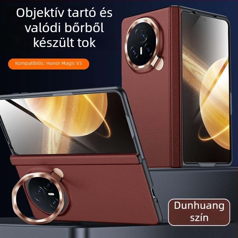 Honor MagicV3‑hoz készült bőr védőtok integrált központi tengellyel és teljes lefedéssel, zsanéros lencsetartó – VS3; valódi bőr; hőpréselés; hőelvezetés; kopás- és leesésállóság