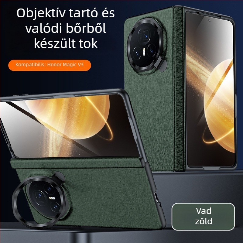 Honor MagicV3‑hoz készült bőr védőtok integrált központi tengellyel és teljes lefedéssel, zsanéros lencsetartó – VS3; valódi bőr; hőpréselés; hőelvezetés; kopás- és leesésállóság