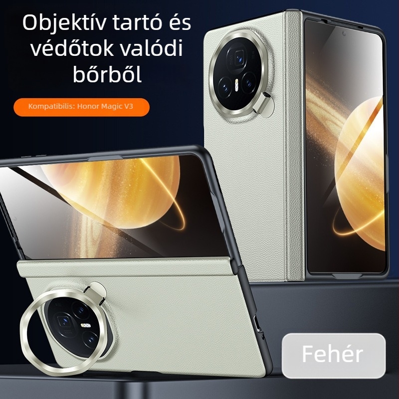 Honor MagicV3‑hoz készült bőr védőtok integrált központi tengellyel és teljes lefedéssel, zsanéros lencsetartó – VS3; valódi bőr; hőpréselés; hőelvezetés; kopás- és leesésállóság