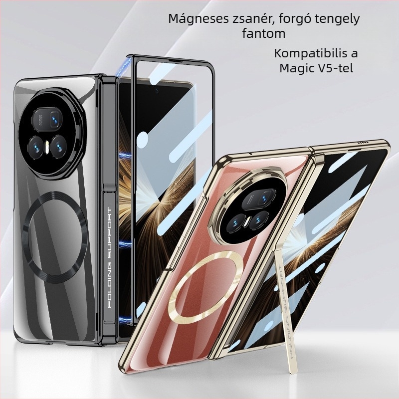 HONOR MagicV5-höz készült telefontok oldalsó táska állvánnyal, átlátszó zsanérral, ütésálló védelemmel