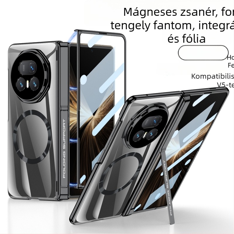 HONOR MagicV5-höz készült telefontok oldalsó táska állvánnyal, átlátszó zsanérral, ütésálló védelemmel