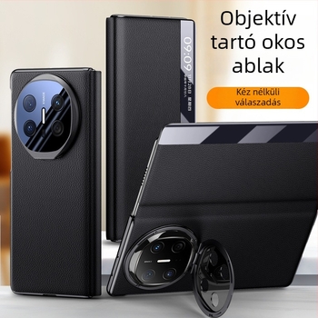 Huawei Mate X6-höz készült tok elektroplatinált lencsetartóval, intelligens ablakos flip fedéllel, teljes védelem, ütésálló, műbőr