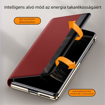 Huawei Mate X6-höz készült tok elektroplatinált lencsetartóval, intelligens ablakos flip fedéllel, teljes védelem, ütésálló, műbőr