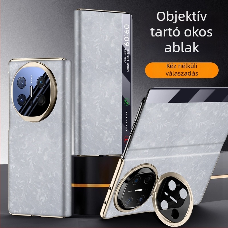 Huawei Mate X6-höz készült tok elektroplatinált lencsetartóval, intelligens ablakos flip fedéllel, teljes védelem, ütésálló, műbőr
