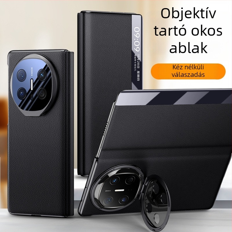 Huawei Mate X6-höz készült tok elektroplatinált lencsetartóval, intelligens ablakos flip fedéllel, teljes védelem, ütésálló, műbőr