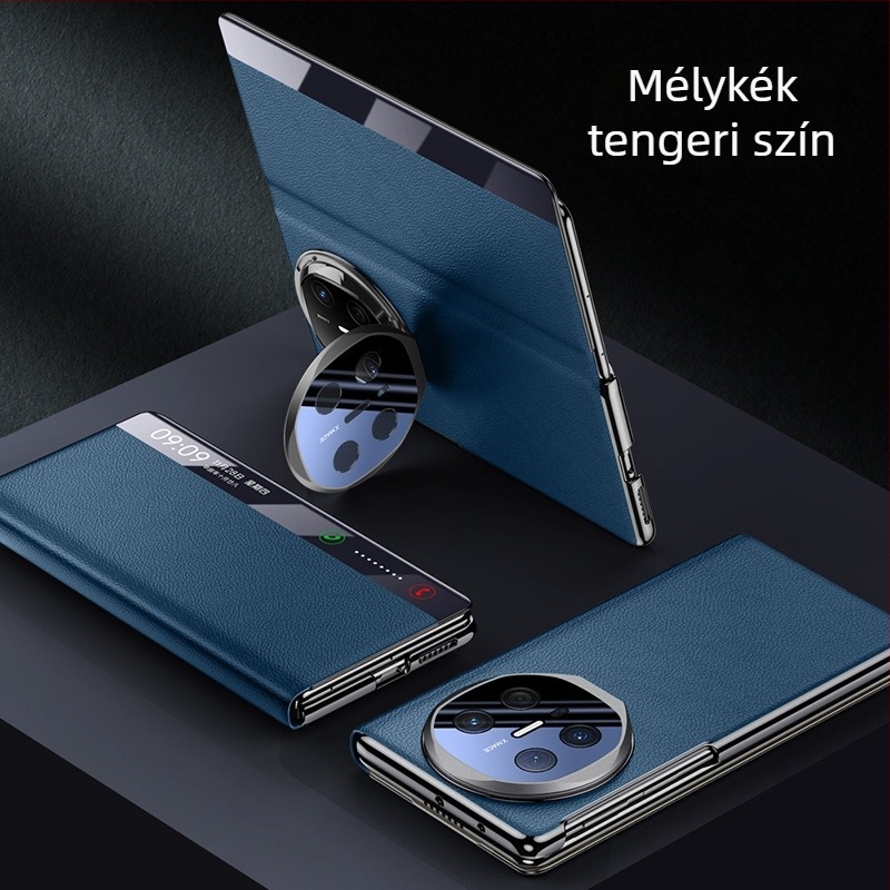 Huawei Mate X6-höz készült tok elektroplatinált lencsetartóval, intelligens ablakos flip fedéllel, teljes védelem, ütésálló, műbőr