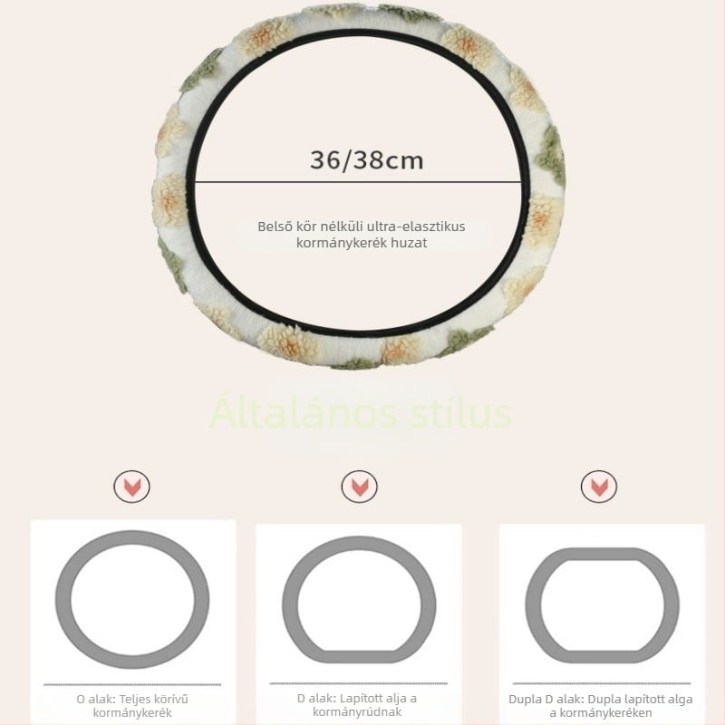 Autó kormánykerék védő mesterséges plüssből, 3D virágos mintázat, kerek D-alakú kialakítás, universális illeszkedés, testreszabás elérhető