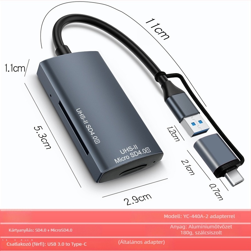 USB Type-C 4.0 memóriakártya-olvasó – mind egyben, SD/SDHC/TF/MicroSD, UHS-II, modell YC-440