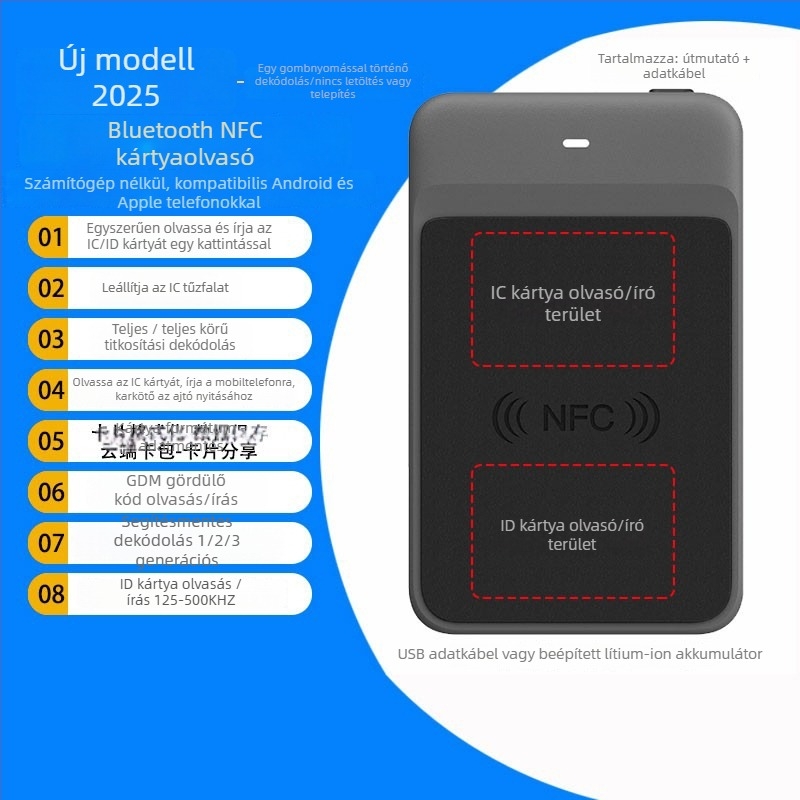 Bluetoothos NFC olvasó és író hozzáférés-ellenőrzéshez, kártyaklonozáshoz, liftkártyákhoz, telefon- és karkötő-szimulációhoz — NFC Tool Max modell, Zonsin/Zhongxin Márka