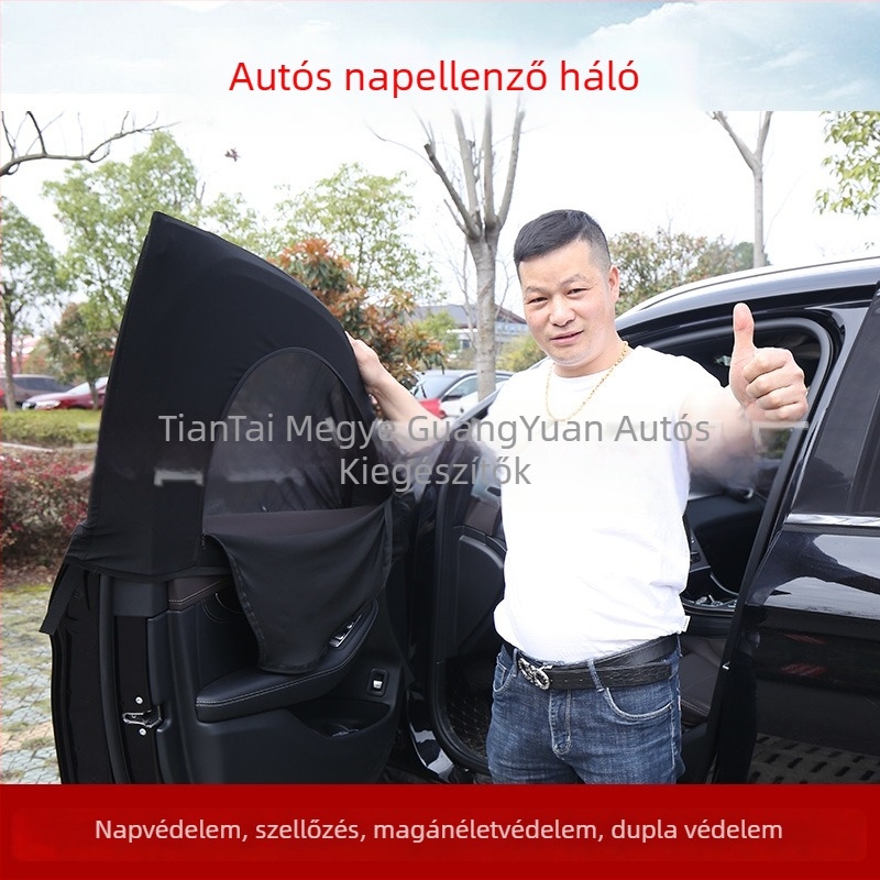 Autóablak hálófüggöny – szúnyogvédelem, magánélet, napvédő, légáteresztő, átlátszó, hőszigetelés; alkalmas sedan és SUV; Anyag: poliészter háló; Felfüggesztés típusa