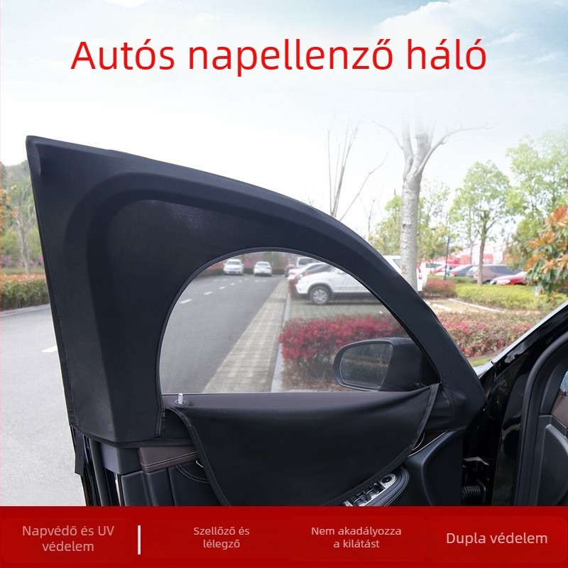 Autóablak hálófüggöny – szúnyogvédelem, magánélet, napvédő, légáteresztő, átlátszó, hőszigetelés; alkalmas sedan és SUV; Anyag: poliészter háló; Felfüggesztés típusa