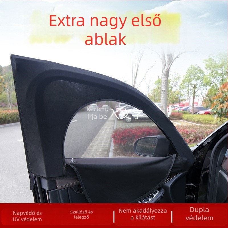 Autóablak hálófüggöny – szúnyogvédelem, magánélet, napvédő, légáteresztő, átlátszó, hőszigetelés; alkalmas sedan és SUV; Anyag: poliészter háló; Felfüggesztés típusa