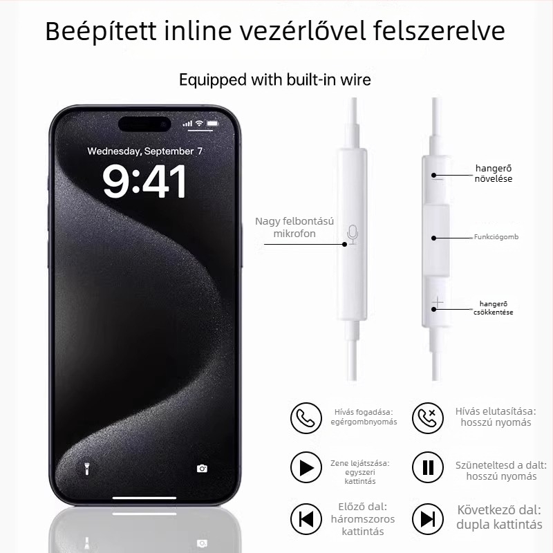 Vezetékes in-ear fülhallgató, 3,5 mm csatlakozóval, Apple iPhone 14-hez, 14 mm meghajtó, 1,2 m kábel, beépített mikrofon, frekvenciasáv 20–20000 Hz
