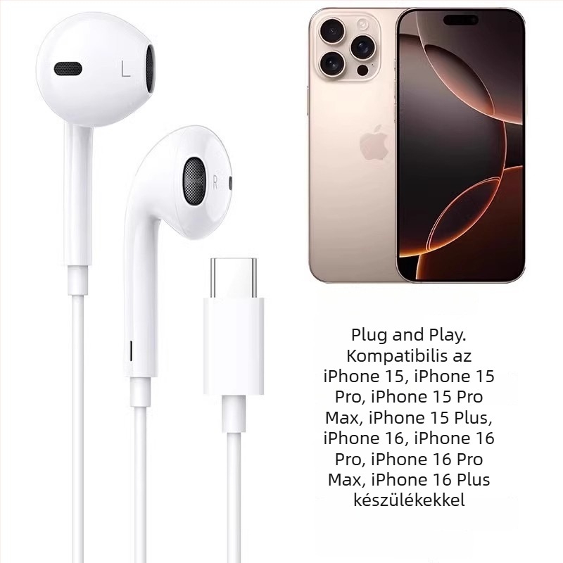 Vezetékes in-ear fülhallgató, 3,5 mm csatlakozóval, Apple iPhone 14-hez, 14 mm meghajtó, 1,2 m kábel, beépített mikrofon, frekvenciasáv 20–20000 Hz